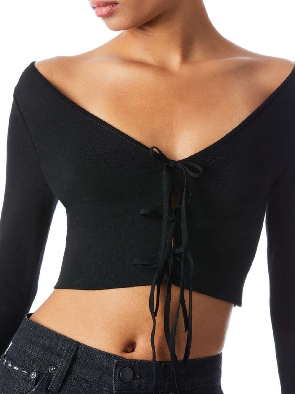 Alice + Olivia Sharee Cropped Pullover Black Tie Up Front Small Going Out Grunge